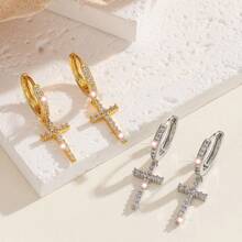1pair Embedded Cross Pendant Earrings, With Elegant European And American Luxury Charm, Suitable As A Distinctive Gift For Women's Daily Wear Or Occasions