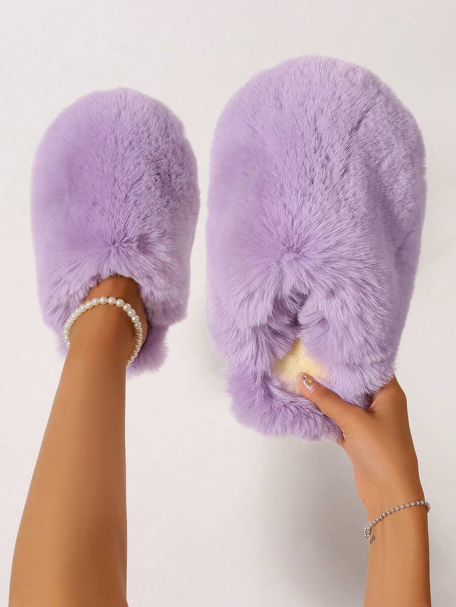 新款毛绒拖鞋，女士冬季室内保暖仿毛皮拖鞋，大码 - 淺紫色 - 查看 1