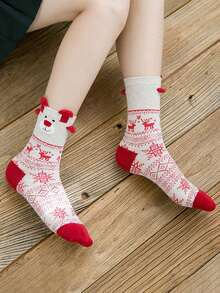 6pcs Women's Santa Claus, Snowman, Reindeer Red Christmas Mid-Calf Socks, Suitable For Christmas Outfits - Multicolor - View 6