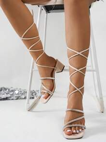 Women's Fashion Sandals, Fairy Style 2025 New Versatile Chunky Heel Crystal Wrapped Roman Elegant High Heels,Summer Shoes - Beige - View 1