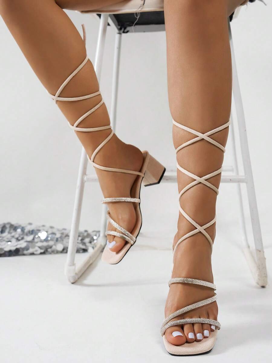 Women's Fashion Sandals, Fairy Style 2025 New Versatile Chunky Heel Crystal Wrapped Roman Elegant High Heels,Summer Shoes - Beige - View 1
