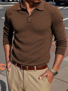 Men's Loose Fit Thin Long Sleeve Ribbed Knit Polo Shirt, Minimalist & Fashionable, Suitable For Daily Commute, Spring/Autumn