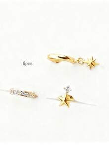 6件套双耳星形耳环套装，镶嵌立方氧化锆，铜材质，适合日常送礼、出席宴会和派对、佩戴首饰耳环。 - 耳飾套裝 - 查看 4