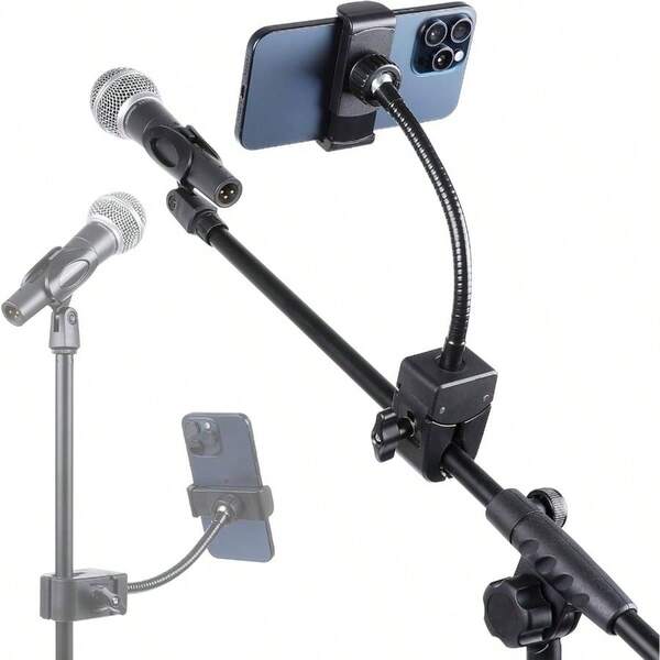 Mic Stand Phone Holder, Flexible Phone Mount With. 9 Inch Removable Gooseneck Microphone Music Stand, 360Adjustable 16 Pro, 15 Plus, And More, Black
