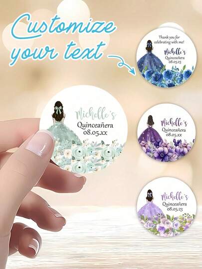 1~100 unidades Pegatinas circulares de boda personalizadas de colores, etiquetas de regalo para adultos personalizadas, pegatinas de embalaje impermeables personalizadas con texto de colores con diseños de etiquetas de papaya, etiquetas de flores verde salvia, falda de princesa y diseños de rosas, impresión personalizada de texto, nombre y fecha, etiquetas de 15 cumpleaños, regalos personalizados para invitados