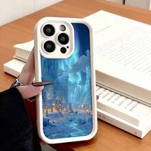 Cubierta de teléfono con borde negro diseño de paisaje mágico con auroras boreales y pueblo iluminado para uso diario y trabajo en oficina - Blanco - Ver 2