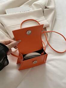 1pc Orange Mini Fashionable Minimalist Textured Handbag, Small Square Bag, Lipstick Pouch, Versatile Cute Shoulder Bag - Orange - View 11