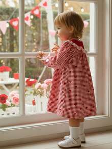 Toddler Baby Girl Valentines Day Outfit Love Heart Embroidery Dress Doll Collar Long Sleeve Smocked Dress For Kids - 紅色 - 查看 2