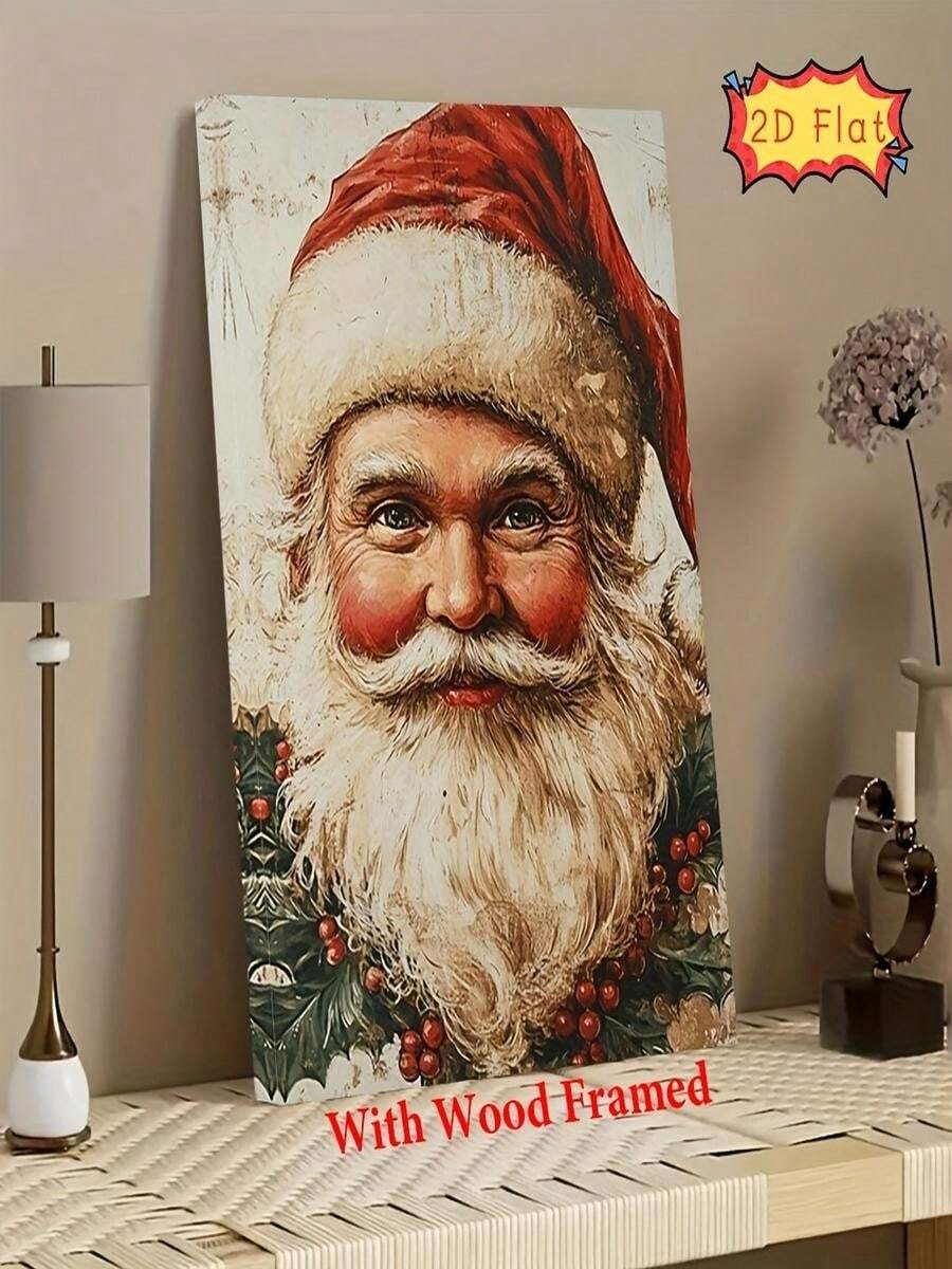 1pc 40*60cm(16*24inch)D Flat, -Piece Framed Santa Claus Wall Hanging - Realistic Portrait Of Santa Claus's Face And Beard, Wrapped In Canvas, Christmas Holiday Decoration, Wooden Frame, Suitable For Home, Office, Cafe, Outdoor Use - Iconic Red Suit And Holly Design (No D Effect), D Flat.Christmas Holiday Decorations - White - View 1
