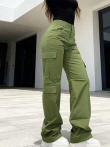 [Popular Workwear Style] Solid Color Wide-Leg Cargo Pants With Multiple Pockets-Slimming And Elongating, A Must-Have Item For Street Fashionistas. The Fabric Is Sturdy And Not Easily Deformed, With A Comfortable And Skin-Friendly Feel. It's Breathable And Not Stuffy For Everyday Wear, And Has A Great Drape, Keeping The Pants Looking Neat And Stylish At All Times. - xanh quân đội - Xem 5