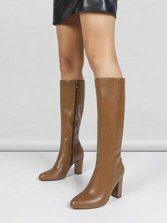 Women's Brown Christmas Deer Side Zipper Chunky Heel Over-The-Knee Boots, Retro European And American Style, Durable And Fashionable Pointed Toe Boots For Autumn/Winter, High Comfort And Stylish, Suitable For Various Occasions,High Heels