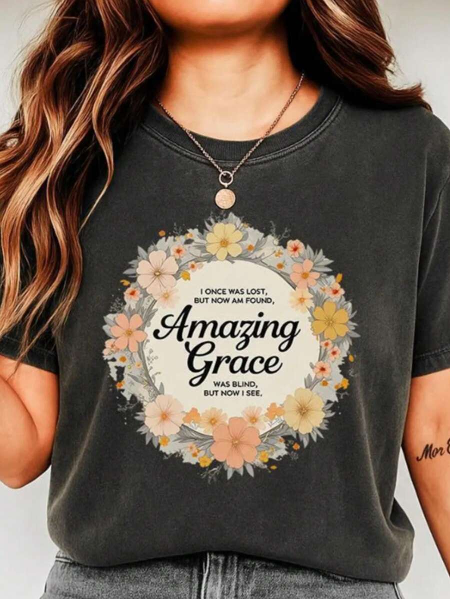 Amazing Grace How Sweet The Sound | Faith, Floral, Christian, Music, Song,100% Cotton Womens Oversized Printed Graphic T-Shirts Casual Round Neck Short Sleeve Tee 1pcs Fashion Shirt - Đen 015 - Xem 1