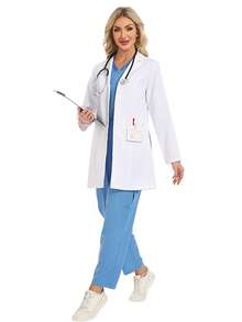 cimmuovere Chaqueta regular de manga larga con botones en el frente, bolsillos y cuello plano de unicolor para mujeres, batas de laboratorio - Blanco - Ver 9