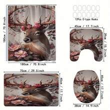 4pcs Christmas Winter Atmosphere Shower Curtain Set, Deer With Floral Antlers Pattern, Foldable High-Quality Shower Curtain Set, Polyester Digital Print Pattern Shower Curtain No-Drill Partition Bathroom, Best For Bathroom Decoration And Gift Giving, Bathroom Decor, Christmas Decorations - 4PCS - View 3