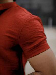 Men's Short-Sleeve Shirt With Mandarin Collar And Linen-Look - Assorted Colors - Comfortable - 亮橙色 - 查看 6