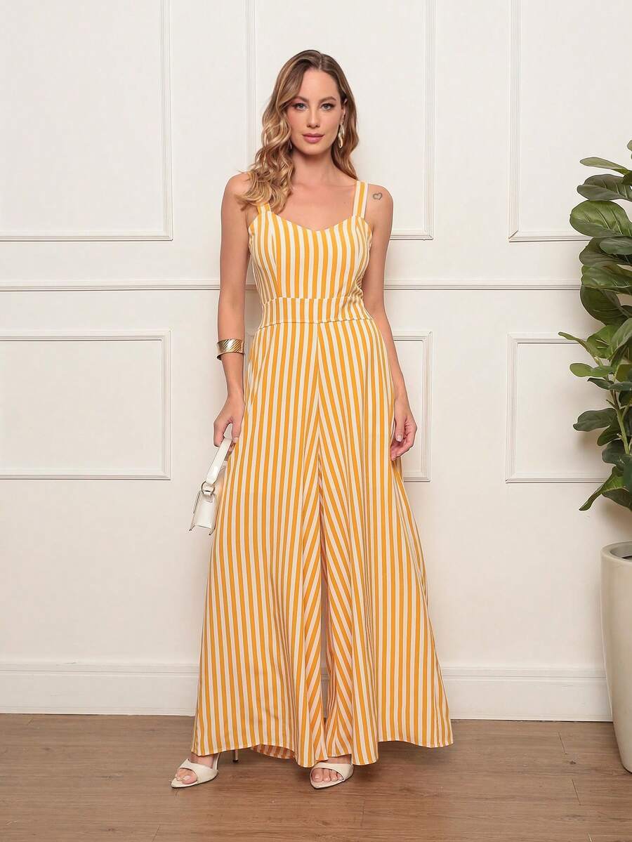 Plain, Loose-Fitting Tailored Jumpsuit With Wide-Leg Pants And A Back Zipper. Super Comfortable. - Yellow Striped - View 1