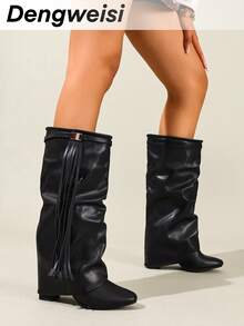 Herbst/Winter Schwarze Fransen Riemen Schnallen Dekor Schaft Stiefel, Rundkappe, Plateauabsatz, Schlupfstiefel, vielseitig, elegant, geeignet für Urlaub, Party, Musikfestival, modische Kniehohe Stiefel für Frauen - Schwarz - Übersicht 7