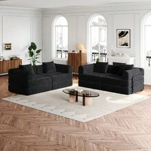 Sofá Cama Chenille 2 en 1 con Almacenamiento en el Reposabrazos, Tres Estructuras Metálicas y Múltiples Opciones de Configuración. Conjunto de Dos Piezas - Negro + Chenilla + 4 plazas - Ver 9