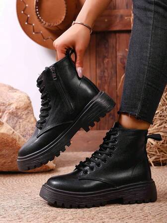 Women's Fashion Round Toe Lace-Up Black Slip-On Ankle Boots, Warm & Comfortable Plus Size Winter Boots