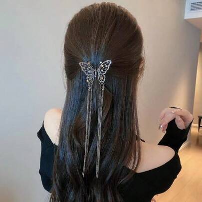 1PC Temperament Full Of Diamond Threads, Empty Butterfly Tassel Hair Clip, Women's Back Of The Head Half Tied Ponytail, Grab Clip, High-End Shark Clip Headband