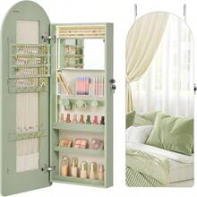 Wide Jewelry Organizer, Jewelry Cabinet Wall/Door Mounted, Arched Mirror With Storage, Lockable, Rounded Corner, Interior Mirror, 3.9x 16.5x 42.5 Inches, Cloud White UJJC020W01 - 月桂綠 - 查看 1