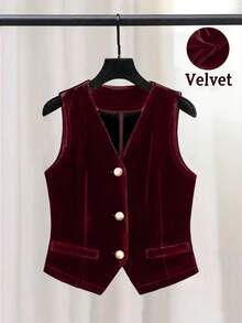 Women's Elegant Sleeveless Velvet Blazer Jacket, Suitable For Commuting, Autumn/Winter - Burgundy - View 1