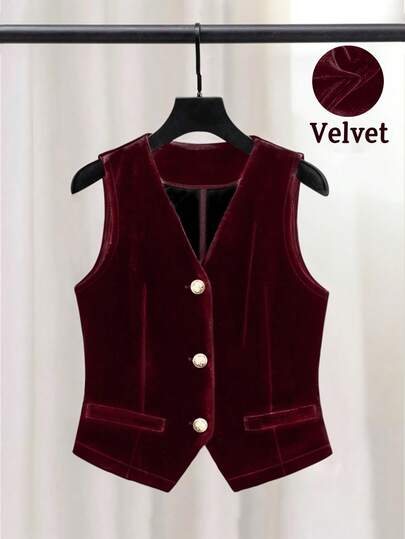 Women's Elegant Sleeveless Velvet Blazer Jacket, Suitable For Commuting, Autumn/Winter