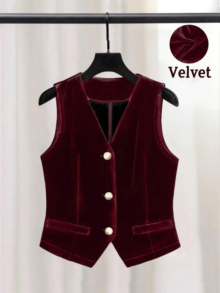 Women's Elegant Sleeveless Velvet Blazer Jacket, Suitable For Commuting, Autumn/Winter - Burgundy - View 1