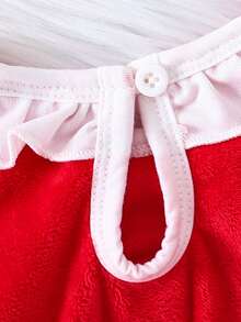 Baby Girl Christmas Style Bodysuit 2-Piece Set, Adorable Santa Claus Pattern Red Dress With White Ruffle Collar, Matching Bow Hair Accessory, Festive Design Suitable For Everyday Wear - Red - View 8