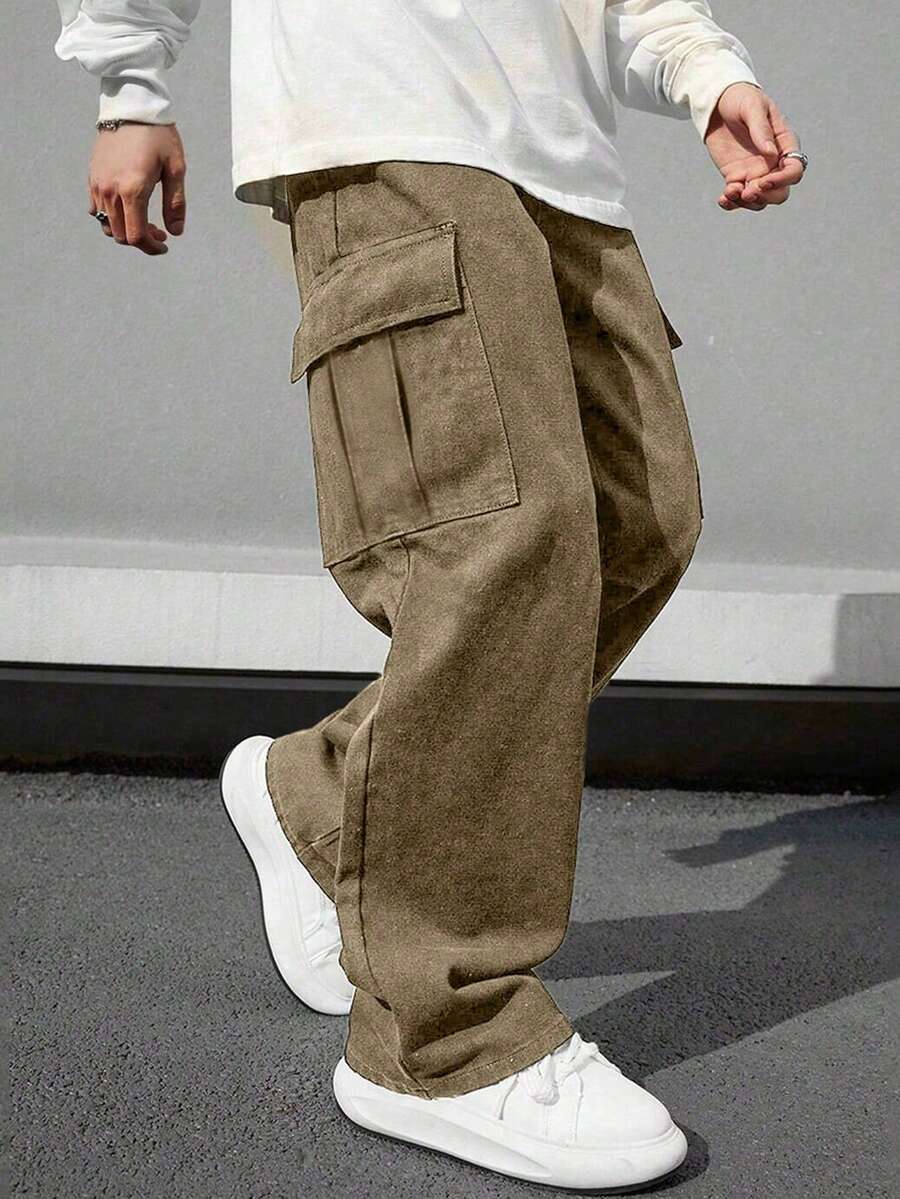 1pc Tween Boys Vintage Minimalist Cargo Pants, Suitable For Workout, Outdoor, Spring/Autumn - Camel - View 1