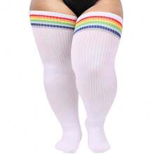 Plus Size Thigh High Socks For Women Cotton Boot Femboy Thigh High StocFKings Striped Over Knee High Socks Leg Warmers{Inchcolor_nameinch:Inch1PairPlusSize:WhiteWithRainbowStripesinch} - White - 查看 2