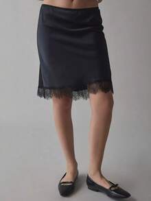 Women's Summer Midi Skirts Lace Trim Hem Satin Skirts For Daily, Travel, Parties - 黑色 - 查看 3