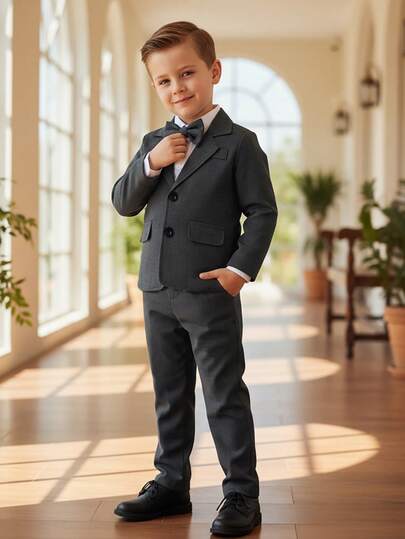 2pcs Young Boys Gentleman Suit Set: Blazer With Bow Tie And Pants, Suitable For Birthday Party, Wedding, Christmas Party, Pageboy Formal Outfit