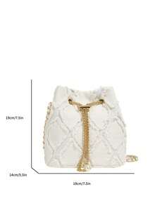New Fashion Classic All-Match Solid Color Diamond Lattice Raw Edge Metal Drawstring Opening And Closing Design Shoulder Bucket Bag, Elegant Women's Wallet, Suitable For Shopping, Commuting To Work, Party Gatherings - trắng - Xem 6