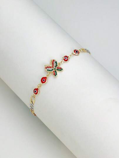 1pc 14K Gold Inlaid With Cubic Zirconia Butterfly-Shaped Evil Eye Charm Bracelet To Women Year-Round Charm Accessory Suitable