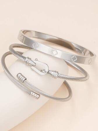 1pc Cute Stainless Steel Four-Leaf Clover Bracelet For Women, Suitable For Party, Gathering, And Daily Wear