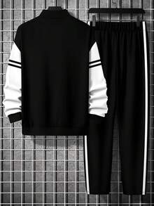 Men's Minimalist Contrast Color Print Stand Collar Pullover Sweatshirt And Pants Set - 彩色 - 查看 2