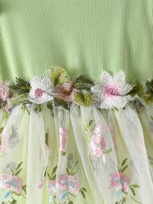 Girls' Floral Embroidery Mesh Dress, Casual Long Sleeve Round Neck Green Dress - Green - View 6