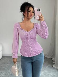 女款優雅條紋長袖襯衫 Y2K 千禧風性感休閒上衣，適合夏季度假、情人節、日常穿著與海灘 - 紫色 - 查看 4