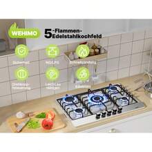 IsEasy Domino Gas Hob With 5 Burners, Stainless Steel, Built-In Appliance, 76 Cm, 10500 W, 5 Cooking Zones (2700 W + 1750 W + 3300 W + 1750 W + 1000 W), Suitable For Propane And Natural Gas. - EU C Type Plug(220-240V) - View 3