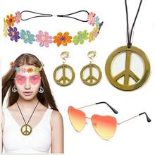 5pcs/Set Hippie Style Accessories Set: Peace Sign Necklace, Daisy Earrings, Flower Headband, Sunglasses, 60s Fashion Halloween - Blue - View 28