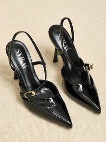 女士尖头亮面漆皮镂空金色搭扣后跟性感高跟鞋，优雅的办公通勤时尚鞋履 - 黑色 - 查看 6