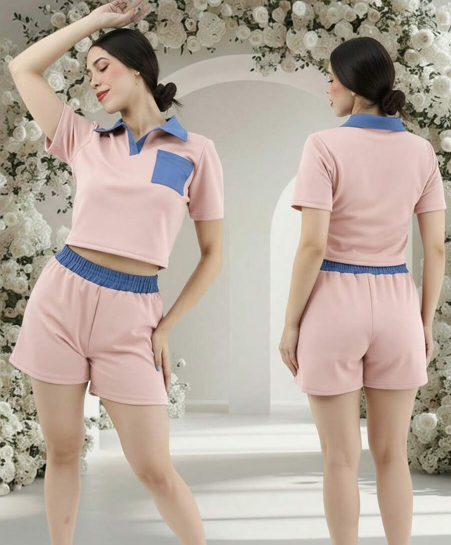 Conjunto informal de dos piezas para mujer: top corto de manga corta con cuello polo y pantalones cortos, ribete en contraste y detalle de bolsillo. - Rosa Pálido - Ver 1
