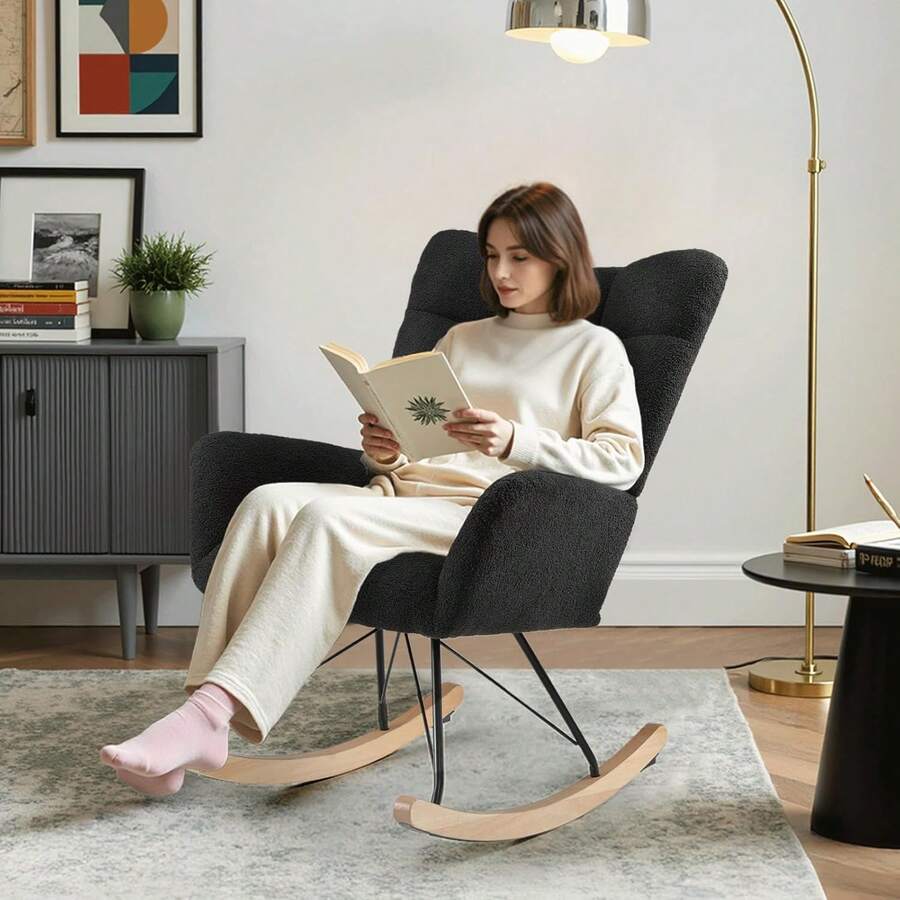 Rocking Chair For Living Room, Rocking Armchair Upholstered With Teddy Fabric, Recliner, Sun Lounger, Garden Lounger - Black - View 1