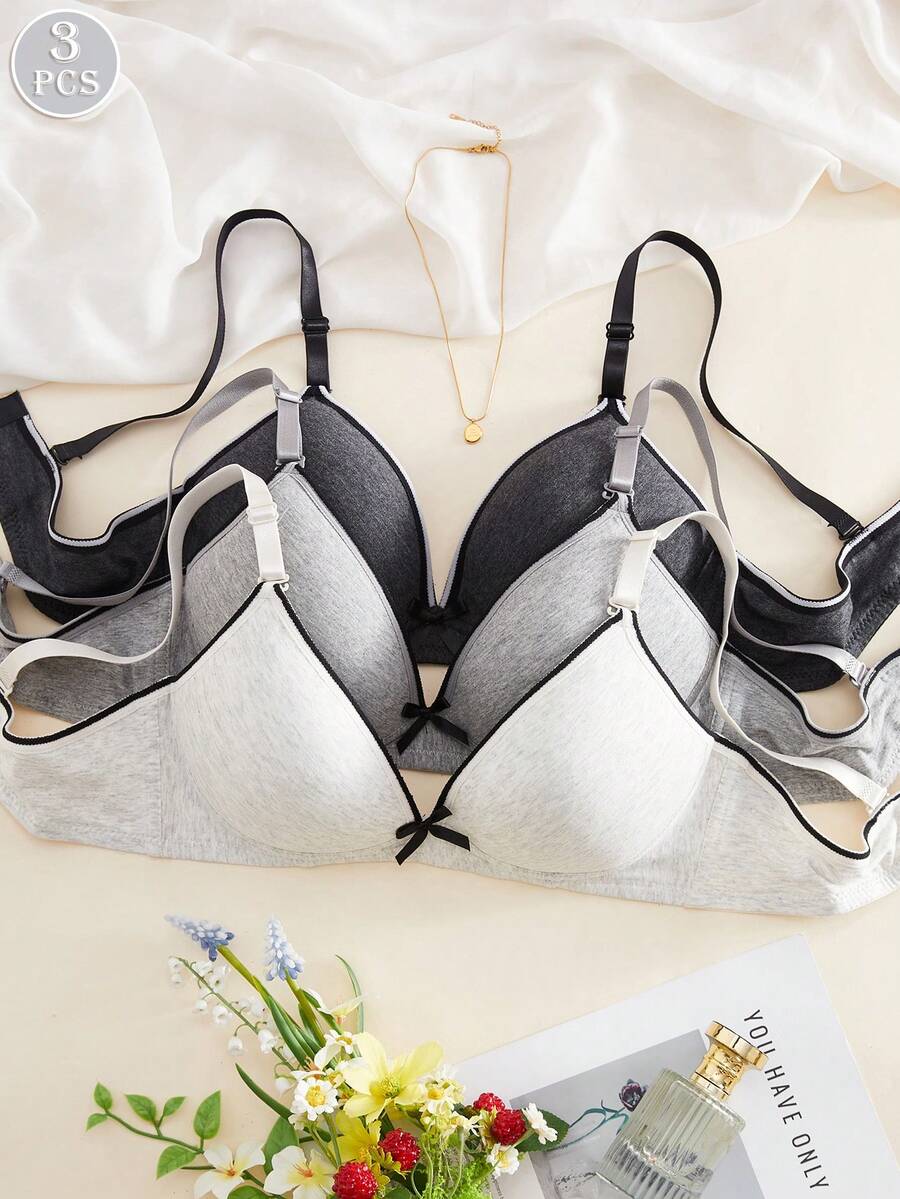 3件装少女舒适多色休闲无钢圈软杯纯棉纯色内衣文胸 - 彩色 - 查看 1