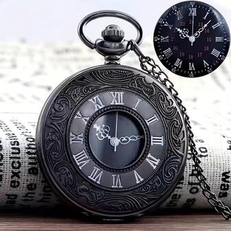 1pc Vintage Flip Cover Pocket Watch Necklace, Classic Roman Numeral Quartz Large Dial Pendant Gift For Men & Women