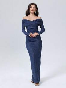 D&M Women's Sexy Ruched Off-Shoulder Fitted Long Sleeve Party Dress, Elegant