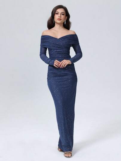 D&M Women's Sexy Ruched Open Shoulder Fitted Long Sleeve Party Dress, Elegant Wedding Spring