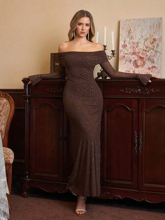 PARTHEA Off Shoulder Ruched Sequin Mesh Long Dress