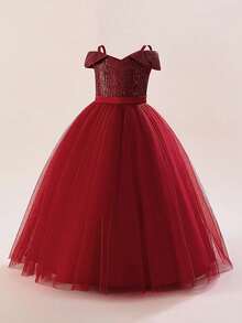 少女V领亮片网纱优雅长款生日派对礼服，适合学校舞会、节日庆典、晚宴等场合，不含头饰 - 酒紅色 - 查看 3